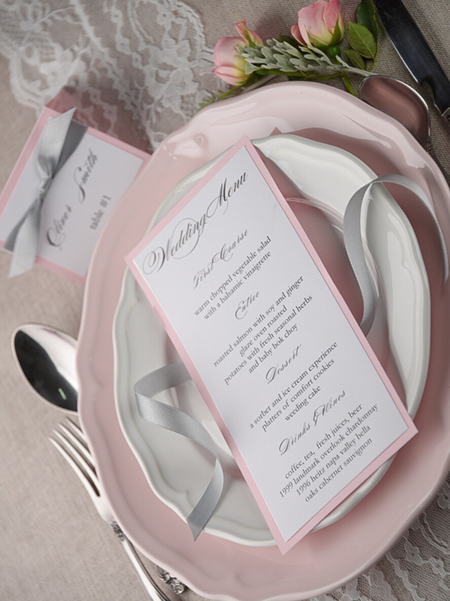 MENU & PROGRAMS rustic and lace Romantic Wedding Menu with Grey Ribbon, Vintage Personalized Menu Cards, Light Grey and Blush Pink Shabby Chic Wedding Menu, Handmade White & Pink Wedding Menu