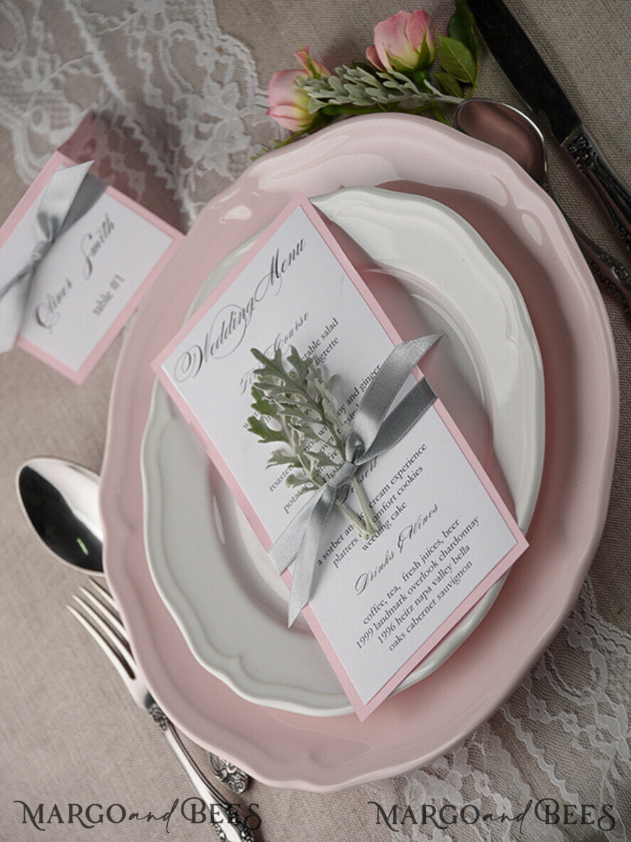 MENU & PROGRAMS rustic and lace Romantic Wedding Menu with Grey Ribbon, Vintage Personalized Menu Cards, Light Grey and Blush Pink Shabby Chic Wedding Menu, Handmade White & Pink Wedding Menu