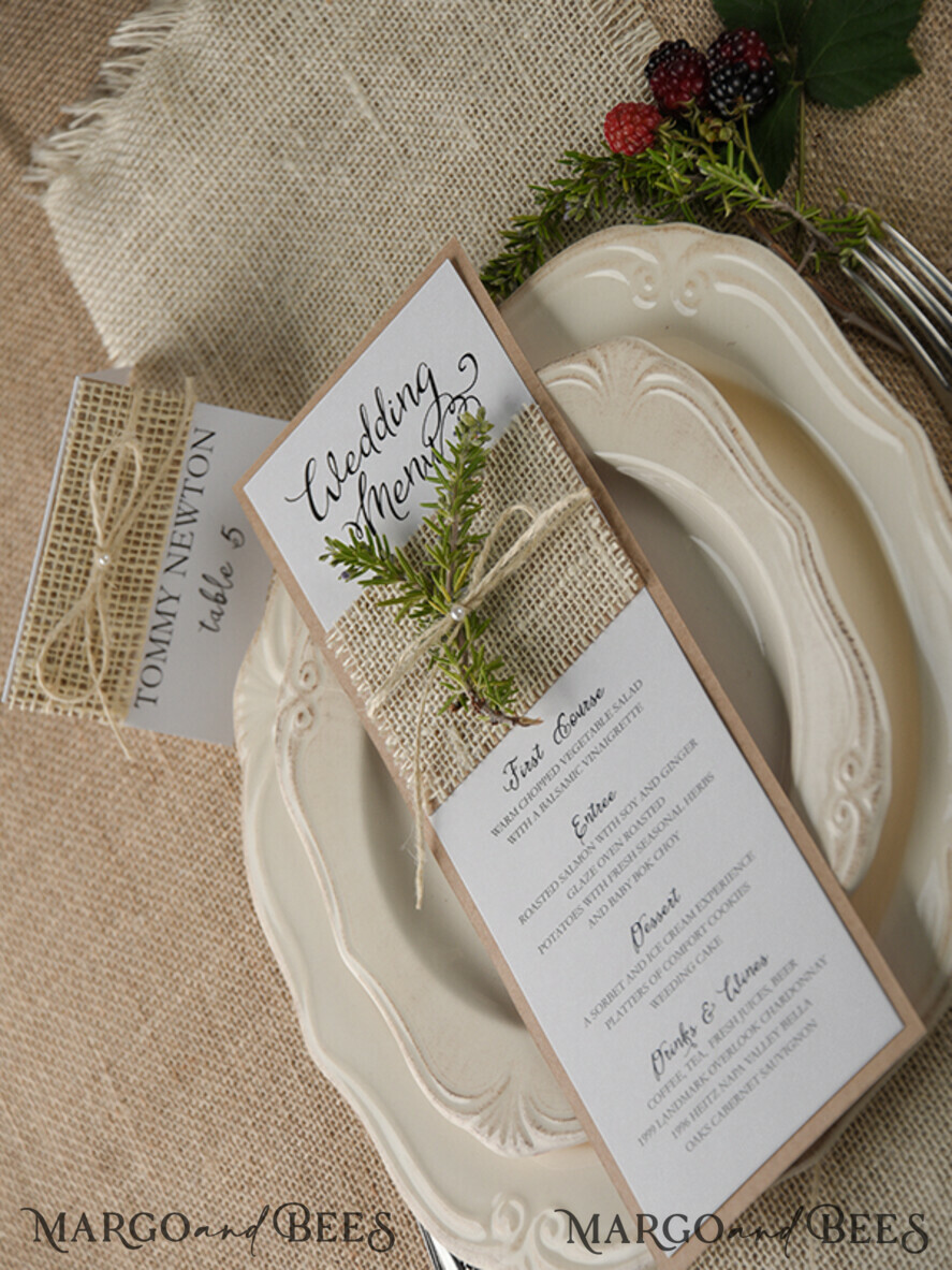 MENU & PROGRAMS rustic and lace Minimalist Brown Wedding Menu, Aesthetic Reception Dinner Menu, Romantic Shabby Chic Menu With Burlap Twine, Elegant Handmade White & Brown Wedding Menu Cards