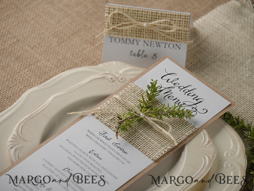 MENU & PROGRAMS rustic and lace Minimalist Brown Wedding Menu, Aesthetic Reception Dinner Menu, Romantic Shabby Chic Menu With Burlap Twine, Elegant Handmade White & Brown Wedding Menu Cards