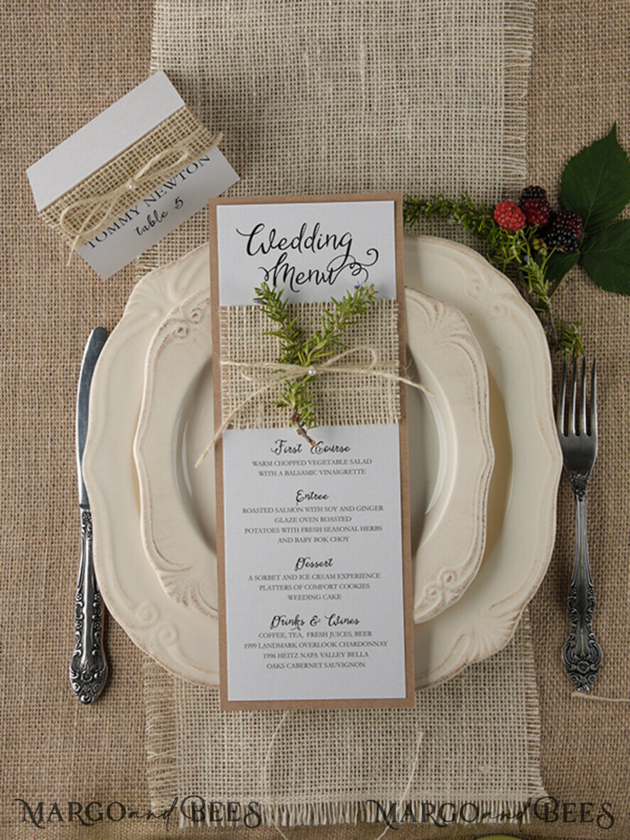MENU & PROGRAMS rustic and lace Minimalist Brown Wedding Menu, Aesthetic Reception Dinner Menu, Romantic Shabby Chic Menu With Burlap Twine, Elegant Handmade White & Brown Wedding Menu Cards