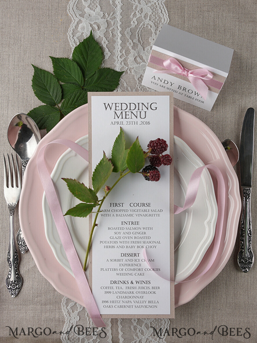 MENU & PROGRAMS rustic and lace Glamour Rustic Wedding Menu, Bespoke Chic Vintage Wedding Menu Cards, Elegant Wedding Menus With Pink Ribbon, Minimalist White And Eco Brown Wedding Menus