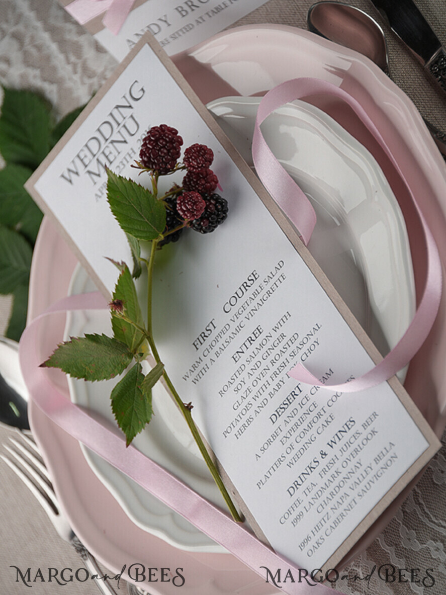 MENU & PROGRAMS rustic and lace Glamour Rustic Wedding Menu, Bespoke Chic Vintage Wedding Menu Cards, Elegant Wedding Menus With Pink Ribbon, Minimalist White And Eco Brown Wedding Menus