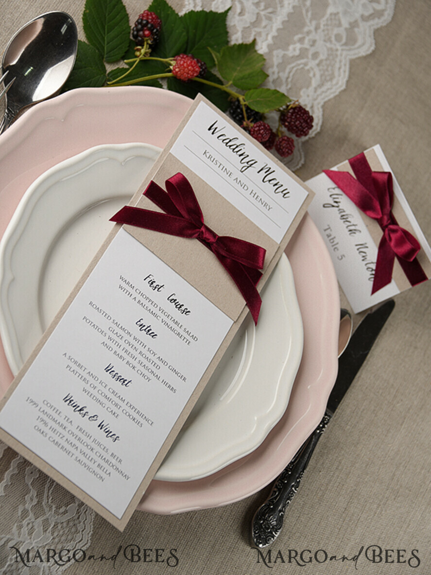 MENU & PROGRAMS rustic and lace Minimalist White And Brown Wedding Menu, Unique Aesthetic Reception Dinner Menu, Simple Romantic Menu With Burgundy Ribbon, Elegant Handmade Wedding Menu Cards