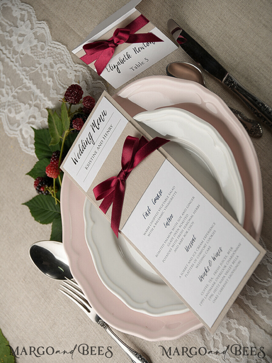 MENU & PROGRAMS rustic and lace Minimalist White And Brown Wedding Menu, Unique Aesthetic Reception Dinner Menu, Simple Romantic Menu With Burgundy Ribbon, Elegant Handmade Wedding Menu Cards
