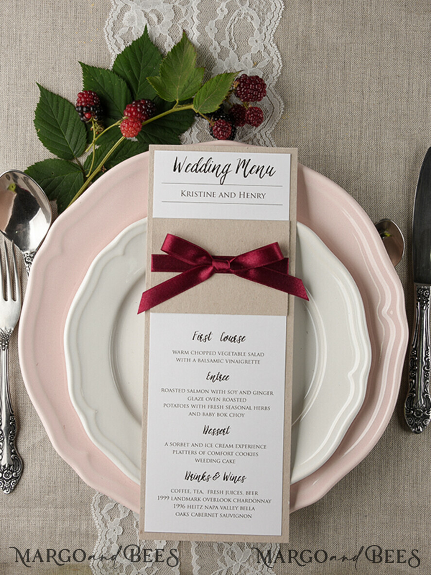 MENU & PROGRAMS rustic and lace Minimalist White And Brown Wedding Menu, Unique Aesthetic Reception Dinner Menu, Simple Romantic Menu With Burgundy Ribbon, Elegant Handmade Wedding Menu Cards