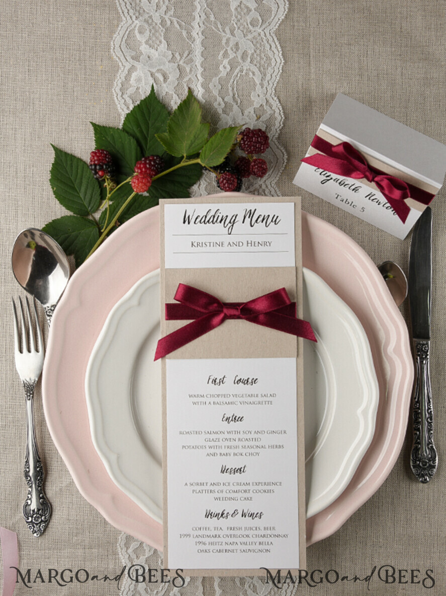 MENU & PROGRAMS rustic and lace Minimalist White And Brown Wedding Menu, Unique Aesthetic Reception Dinner Menu, Simple Romantic Menu With Burgundy Ribbon, Elegant Handmade Wedding Menu Cards