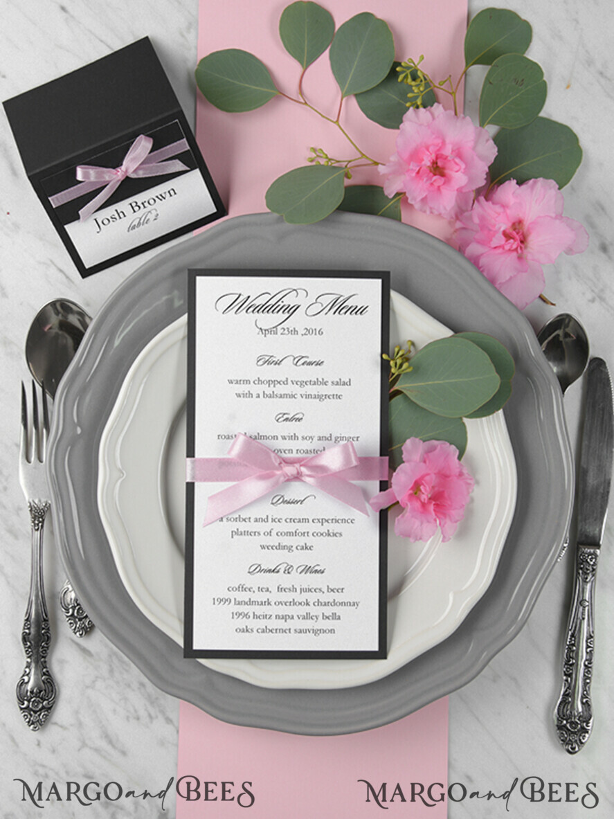 MENU & PROGRAMS rustic and lace Minimalist Black Wedding Menu, Aesthetic Reception Dinner Menu, Romantic Menu With Pink Ribbon, Elegant Black Wedding Menu, Unique Modern Black and White Menu