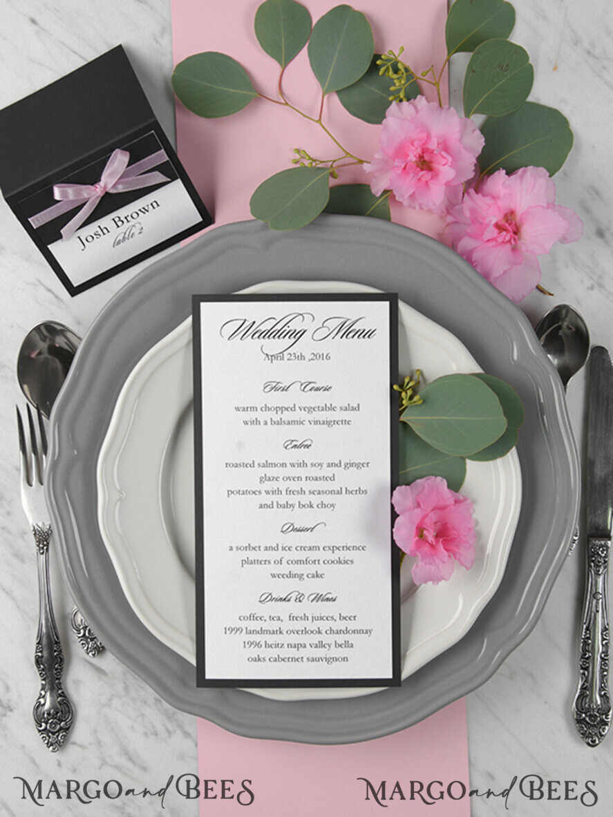 MENU & PROGRAMS rustic and lace Minimalist Black Wedding Menu, Aesthetic Reception Dinner Menu, Romantic Menu With Pink Ribbon, Elegant Black Wedding Menu, Unique Modern Black and White Menu