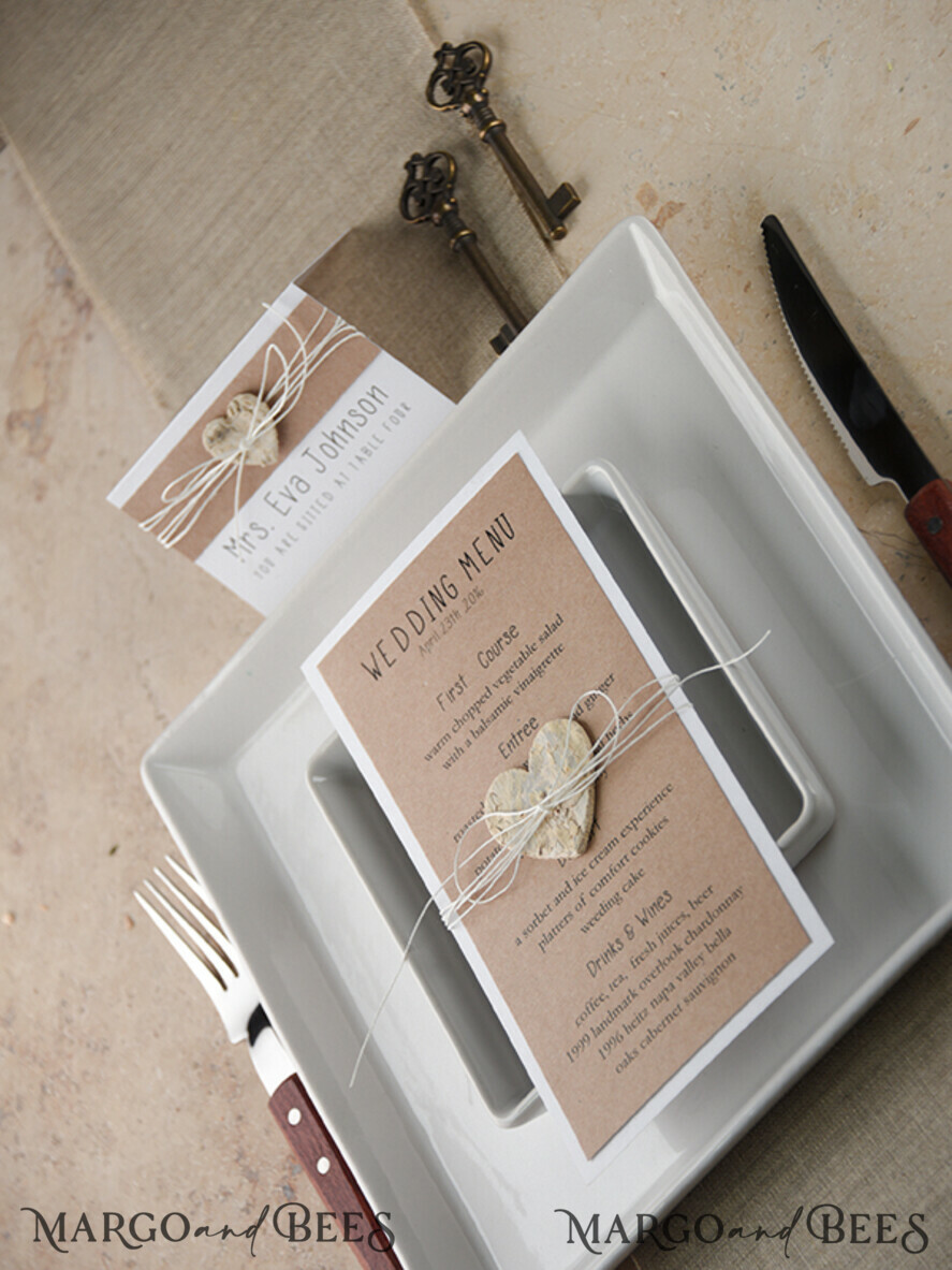MENU & PROGRAMS rustic and lace Rustic Wedding Menu, Barn Wedding Dinner Menu, Eco Romantic Personalized Cards with Wooden Heart And Twine, Kraft Wedding Menu, Simple Rustic Wedding Menu, Elegant Eco Brown Wedding Menu Cards