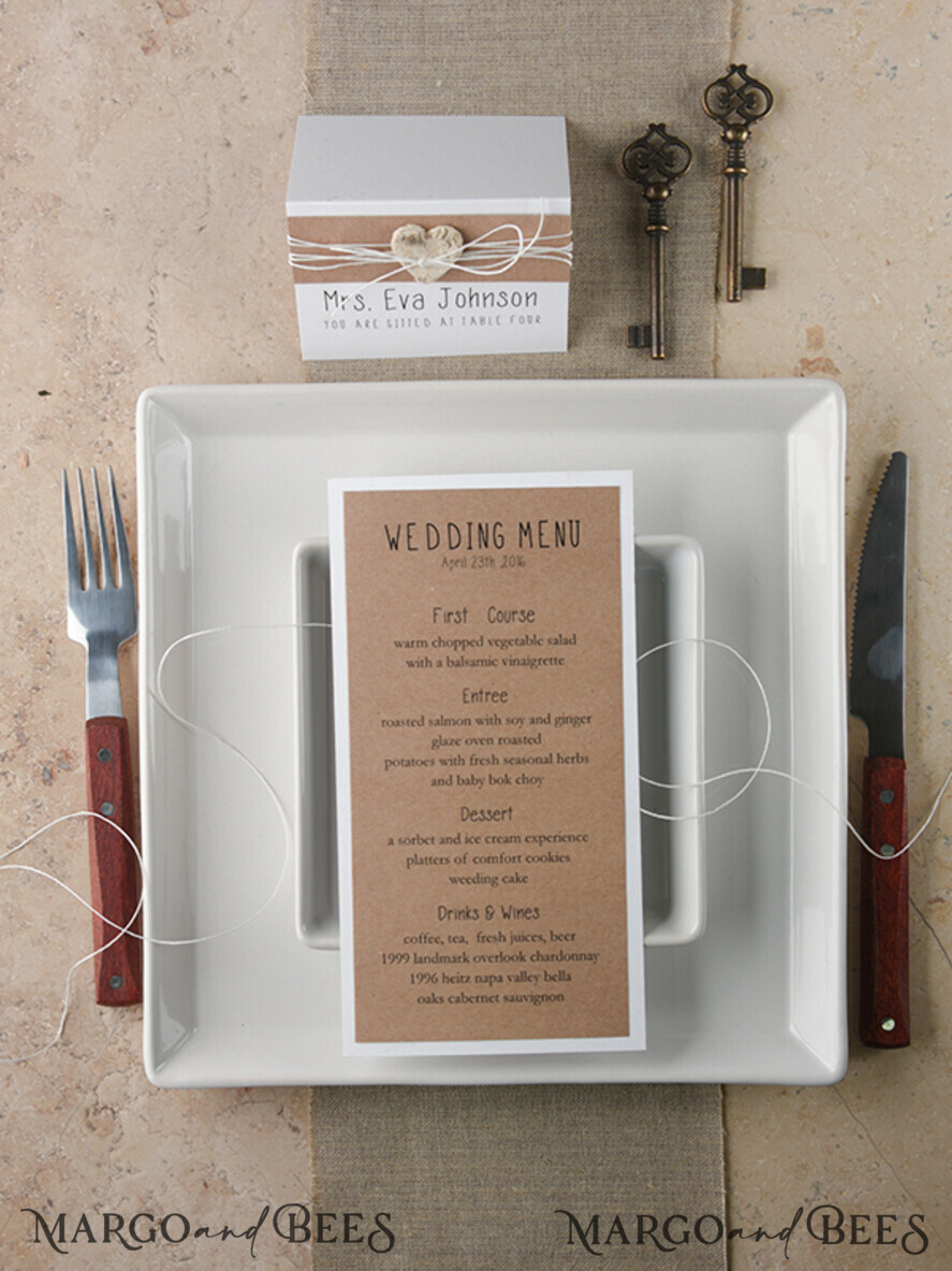 MENU & PROGRAMS rustic and lace Rustic Wedding Menu, Barn Wedding Dinner Menu, Eco Romantic Personalized Cards with Wooden Heart And Twine, Kraft Wedding Menu, Simple Rustic Wedding Menu, Elegant Eco Brown Wedding Menu Cards