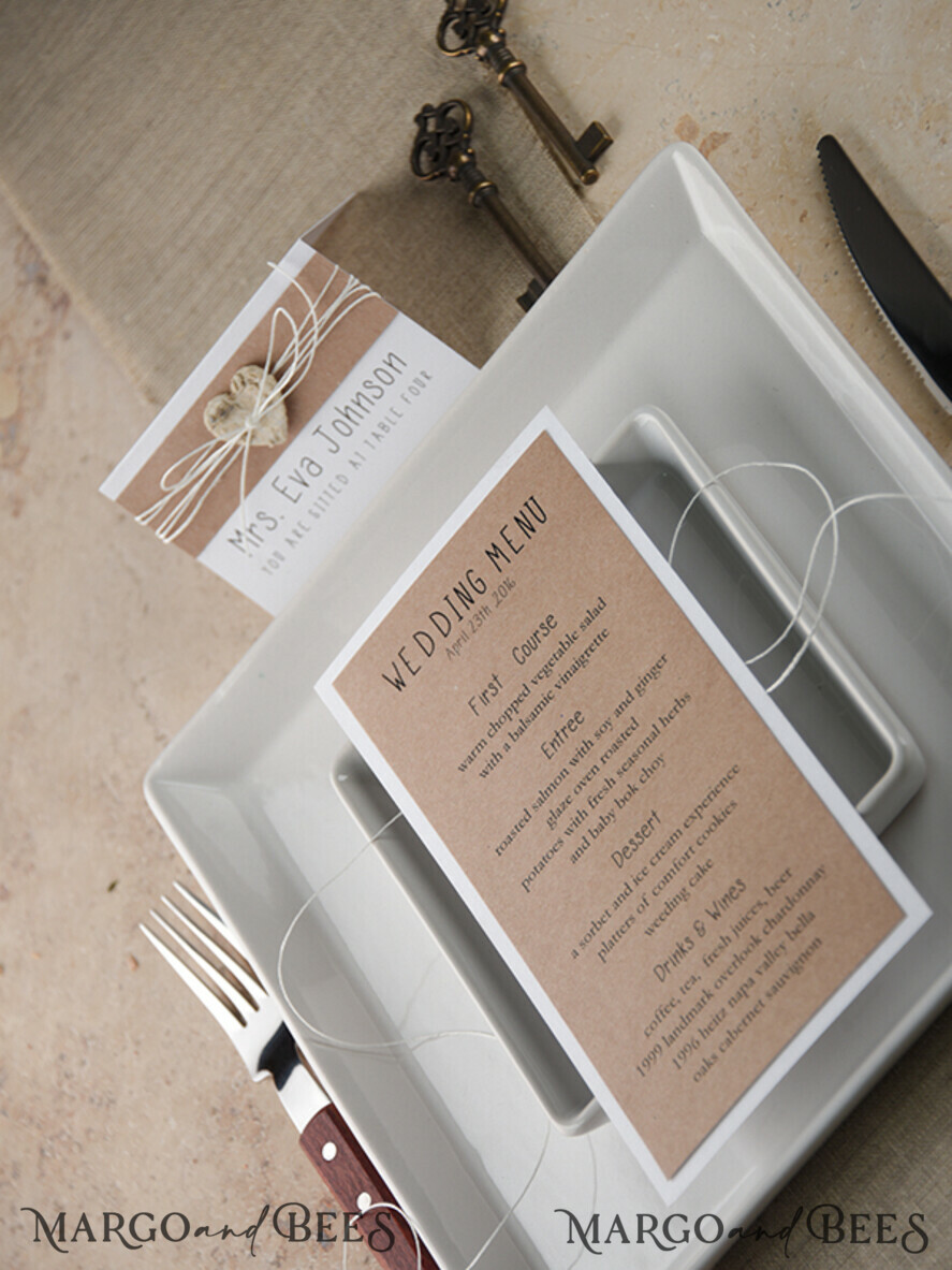 MENU & PROGRAMS rustic and lace Rustic Wedding Menu, Barn Wedding Dinner Menu, Eco Romantic Personalized Cards with Wooden Heart And Twine, Kraft Wedding Menu, Simple Rustic Wedding Menu, Elegant Eco Brown Wedding Menu Cards
