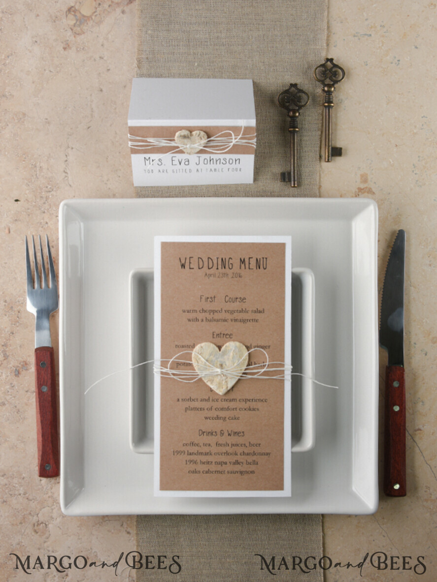 MENU & PROGRAMS rustic and lace Rustic Wedding Menu, Barn Wedding Dinner Menu, Eco Romantic Personalized Cards with Wooden Heart And Twine, Kraft Wedding Menu, Simple Rustic Wedding Menu, Elegant Eco Brown Wedding Menu Cards