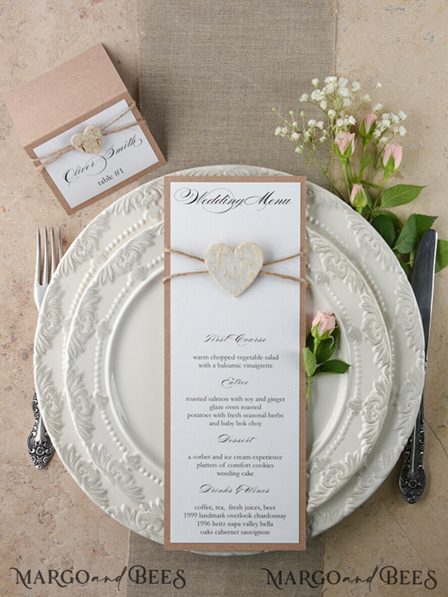 MENU & PROGRAMS rustic and lace Minimalistic White Wedding Menus, Elegant Rustic Wedding Menu Cards, Aesthetic Wedding Dinner Menu with Wooden Heart, Modern Wedding Menu, Delicate Classic Wedding Menu