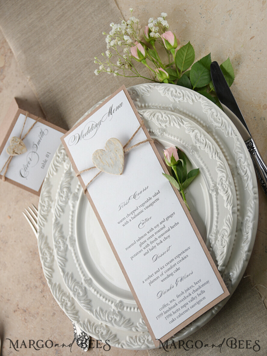 MENU & PROGRAMS rustic and lace Minimalistic White Wedding Menus, Elegant Rustic Wedding Menu Cards, Aesthetic Wedding Dinner Menu with Wooden Heart, Modern Wedding Menu, Delicate Classic Wedding Menu