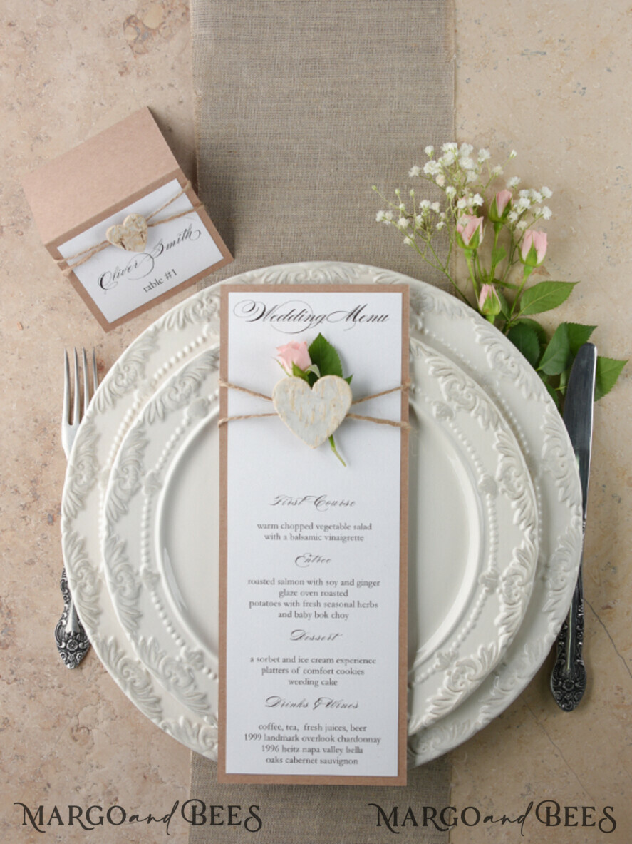MENU & PROGRAMS rustic and lace Minimalistic White Wedding Menus, Elegant Rustic Wedding Menu Cards, Aesthetic Wedding Dinner Menu with Wooden Heart, Modern Wedding Menu, Delicate Classic Wedding Menu