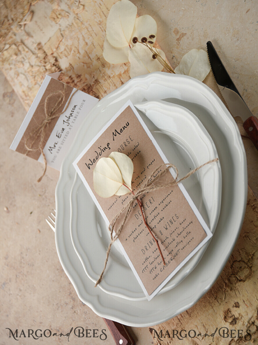 MENU & PROGRAMS rustic and lace Rustic Wedding Menu, Barn Wedding Dinner Menu, Eco Romantic Personalized Cards with leaf And Twine, Kraft Wedding Menu, Simple Handmade Rustic Wedding Menu