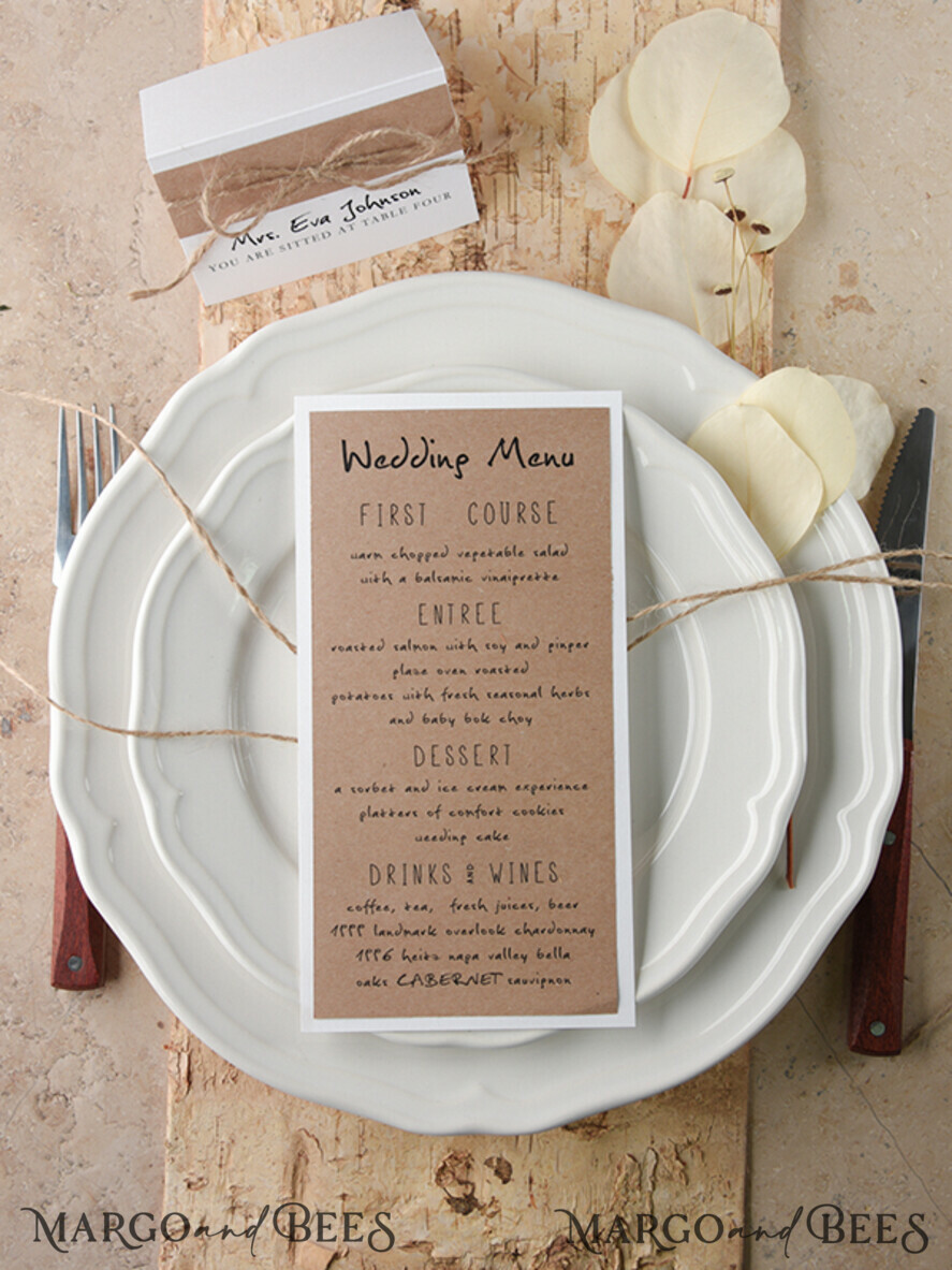 MENU & PROGRAMS rustic and lace Rustic Wedding Menu, Barn Wedding Dinner Menu, Eco Romantic Personalized Cards with leaf And Twine, Kraft Wedding Menu, Simple Handmade Rustic Wedding Menu
