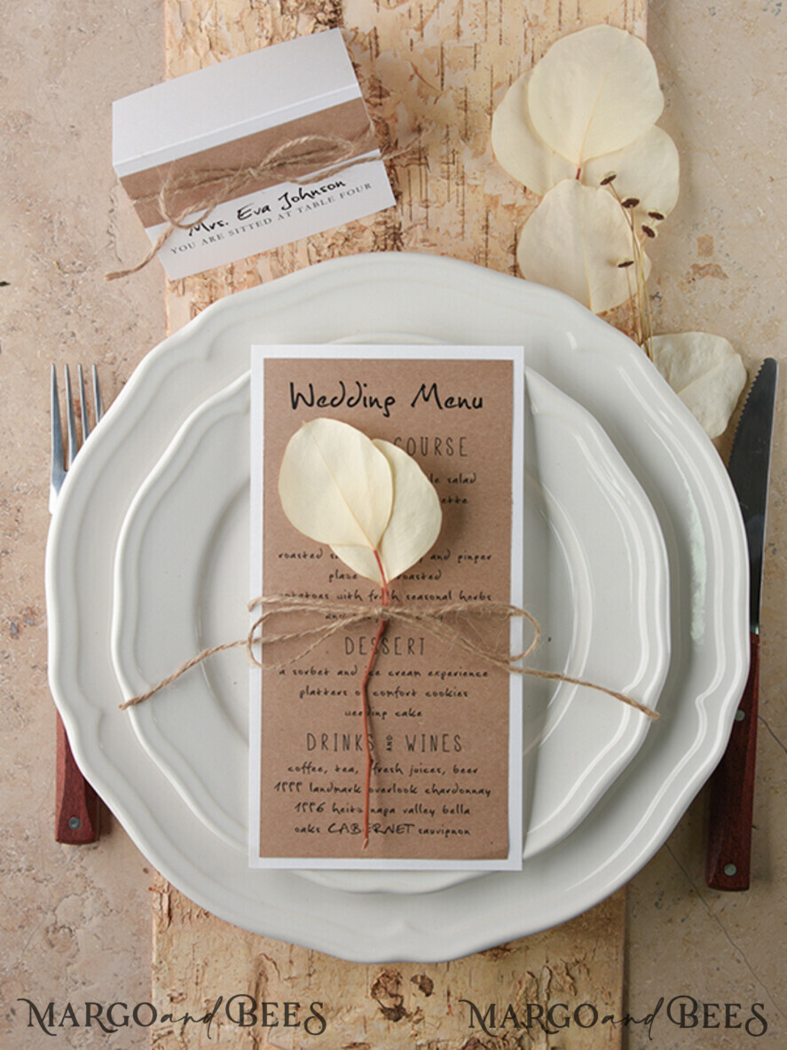 MENU & PROGRAMS rustic and lace Rustic Wedding Menu, Barn Wedding Dinner Menu, Eco Romantic Personalized Cards with leaf And Twine, Kraft Wedding Menu, Simple Handmade Rustic Wedding Menu