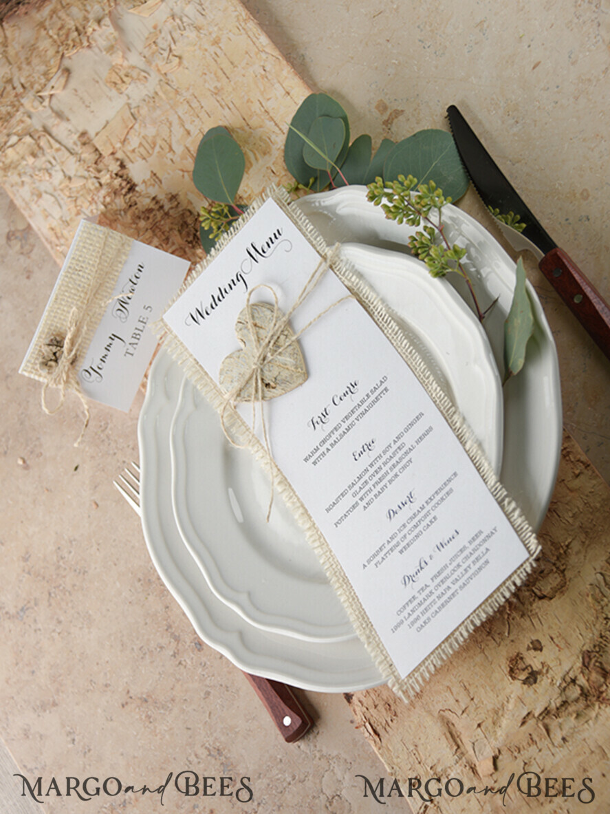 MENU & PROGRAMS rustic and lace Minimalistic White Wedding Menus, Elegant Rustic Wedding Menu Cards, Aesthetic Wedding Dinner Menu with Wooden Heart, Modern Wedding Menu, Delicate Classic Wedding Menu