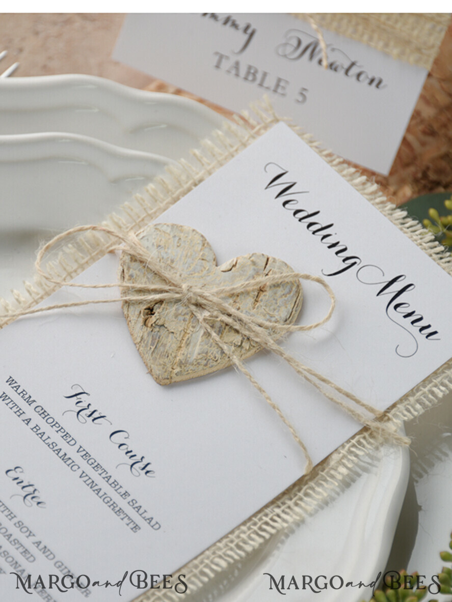MENU & PROGRAMS rustic and lace Minimalistic White Wedding Menus, Elegant Rustic Wedding Menu Cards, Aesthetic Wedding Dinner Menu with Wooden Heart, Modern Wedding Menu, Delicate Classic Wedding Menu