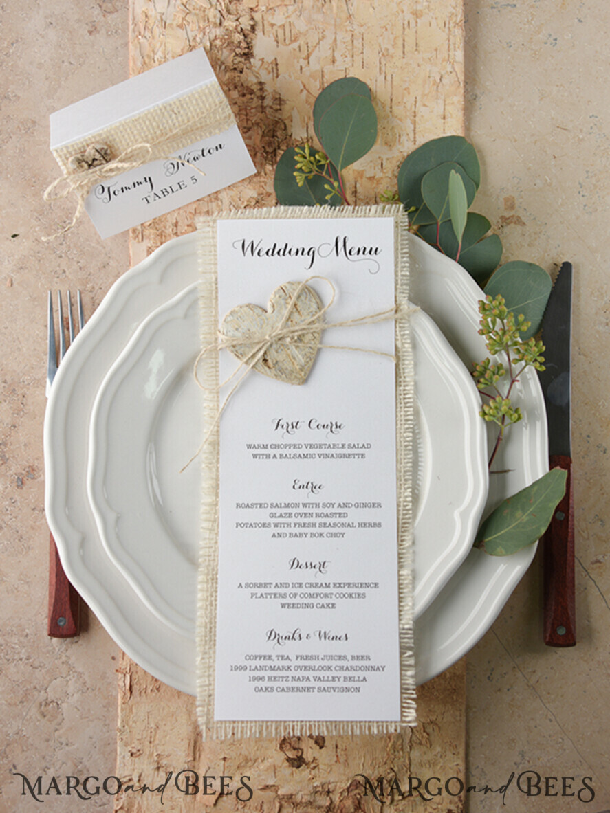 MENU & PROGRAMS rustic and lace Minimalistic White Wedding Menus, Elegant Rustic Wedding Menu Cards, Aesthetic Wedding Dinner Menu with Wooden Heart, Modern Wedding Menu, Delicate Classic Wedding Menu