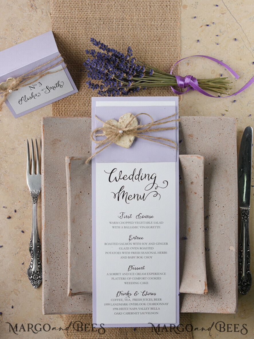 MENU & PROGRAMS rustic and lace Delicate Lilac Wedding Menu, Unique Elegant Wedding Menus With Burlap Twine and Heart, Minimalistic Purple Wedding Menu Cards, Modern Dinner Card for Wedding