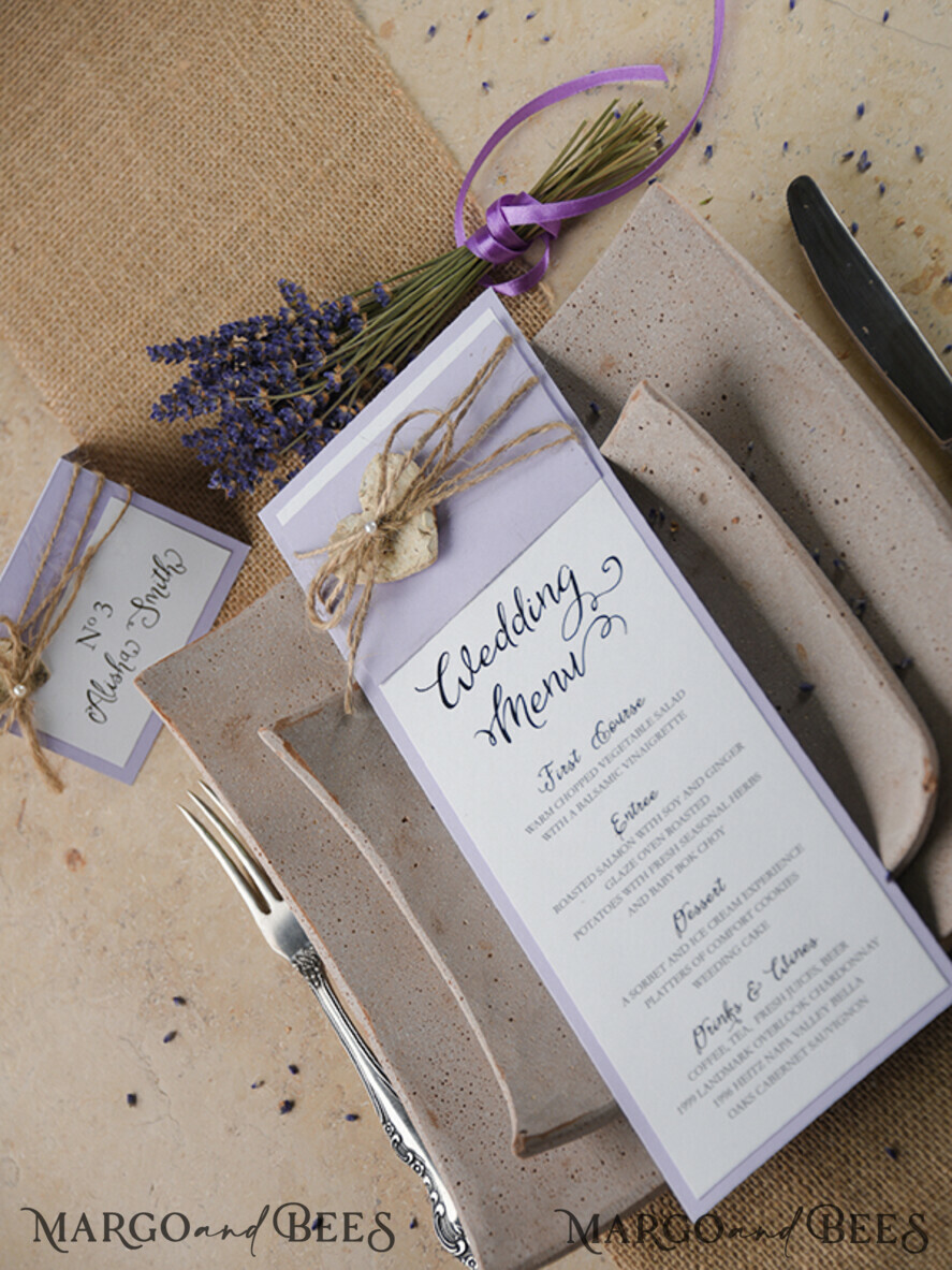 MENU & PROGRAMS rustic and lace Delicate Lilac Wedding Menu, Unique Elegant Wedding Menus With Burlap Twine and Heart, Minimalistic Purple Wedding Menu Cards, Modern Dinner Card for Wedding