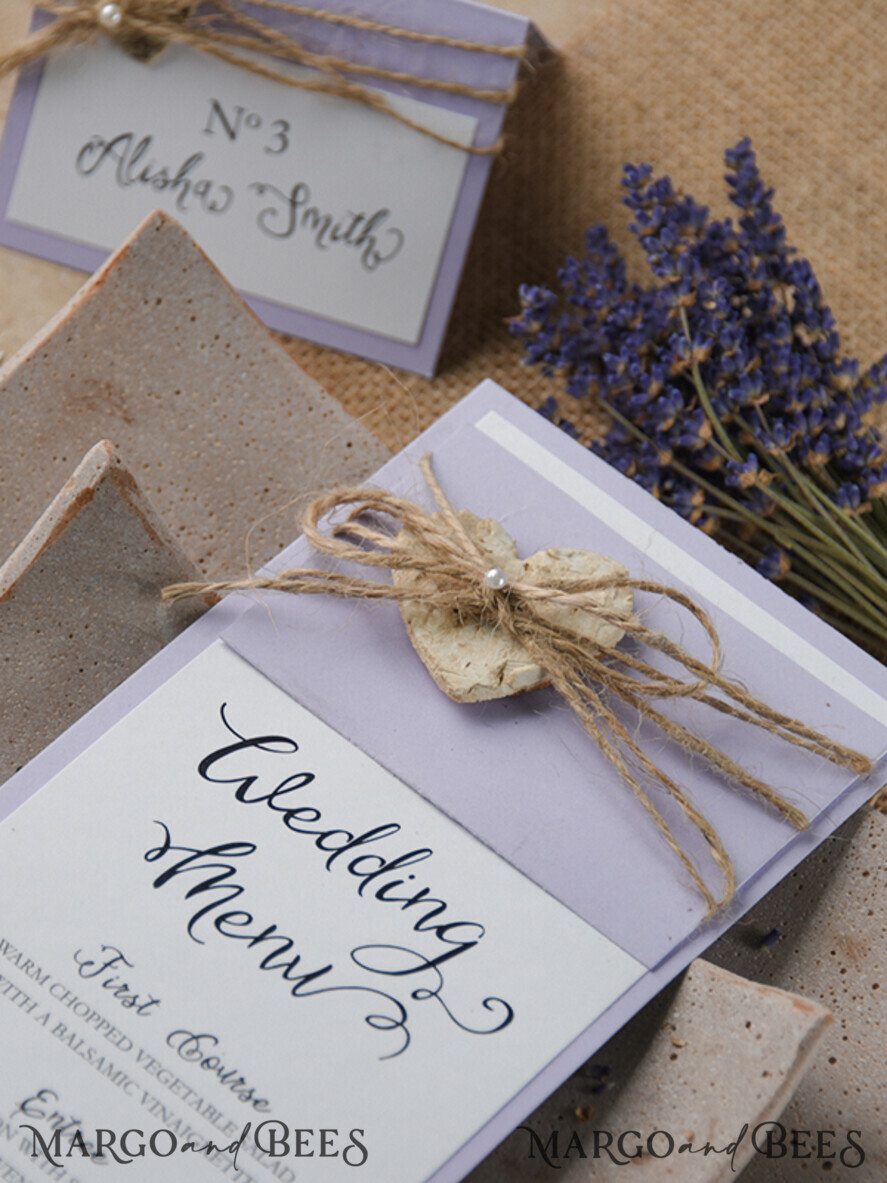 MENU & PROGRAMS rustic and lace Delicate Lilac Wedding Menu, Unique Elegant Wedding Menus With Burlap Twine and Heart, Minimalistic Purple Wedding Menu Cards, Modern Dinner Card for Wedding
