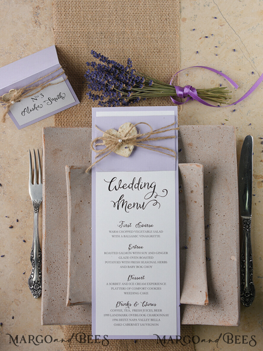 MENU & PROGRAMS rustic and lace Delicate Lilac Wedding Menu, Unique Elegant Wedding Menus With Burlap Twine and Heart, Minimalistic Purple Wedding Menu Cards, Modern Dinner Card for Wedding