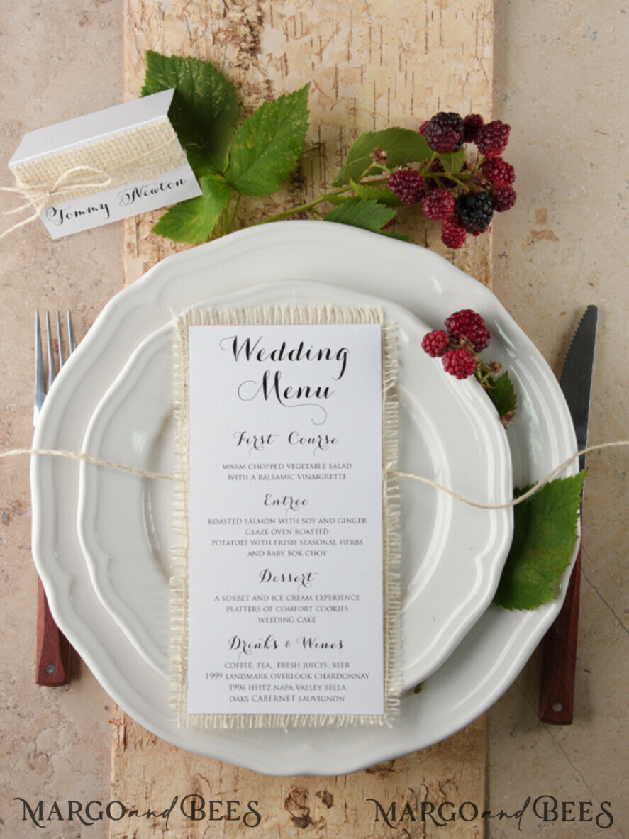 MENU & PROGRAMS rustic and lace Minimalistic White Wedding Menus, Elegant Rustic Wedding Menu Cards, Aesthetic Wedding Dinner Menu, Modern Wedding Menu, Delicate Classic Wedding Menu And Twine