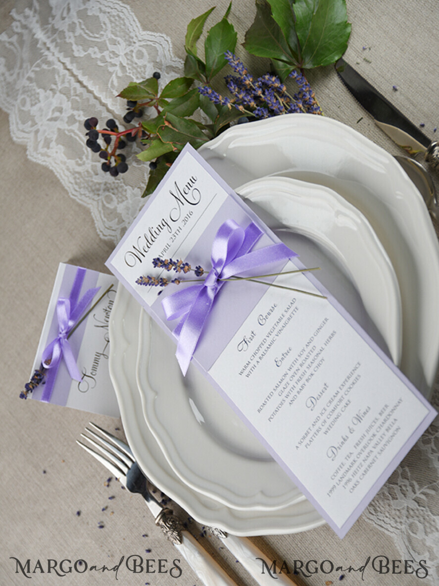 MENU & PROGRAMS rustic and lace Delicate Lilac Wedding Menu, Elegant Wedding Menus With Lavender, Minimalistic Purple Wedding Menu Cards, Modern Dinner Card for Wedding
