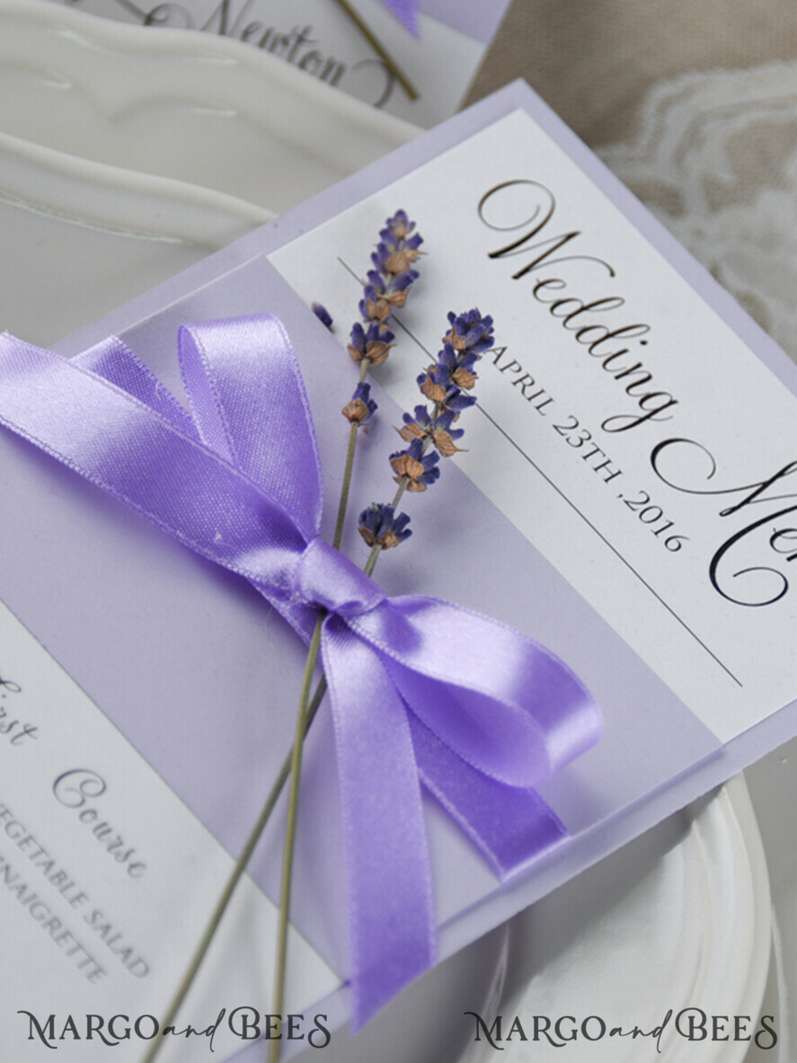 MENU & PROGRAMS rustic and lace Delicate Lilac Wedding Menu, Elegant Wedding Menus With Lavender, Minimalistic Purple Wedding Menu Cards, Modern Dinner Card for Wedding
