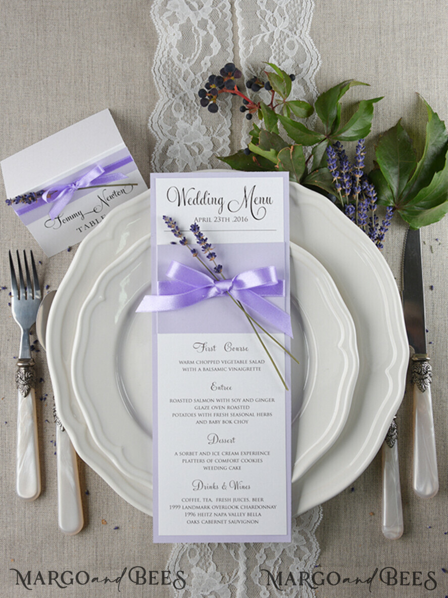 MENU & PROGRAMS rustic and lace Delicate Lilac Wedding Menu, Elegant Wedding Menus With Lavender, Minimalistic Purple Wedding Menu Cards, Modern Dinner Card for Wedding