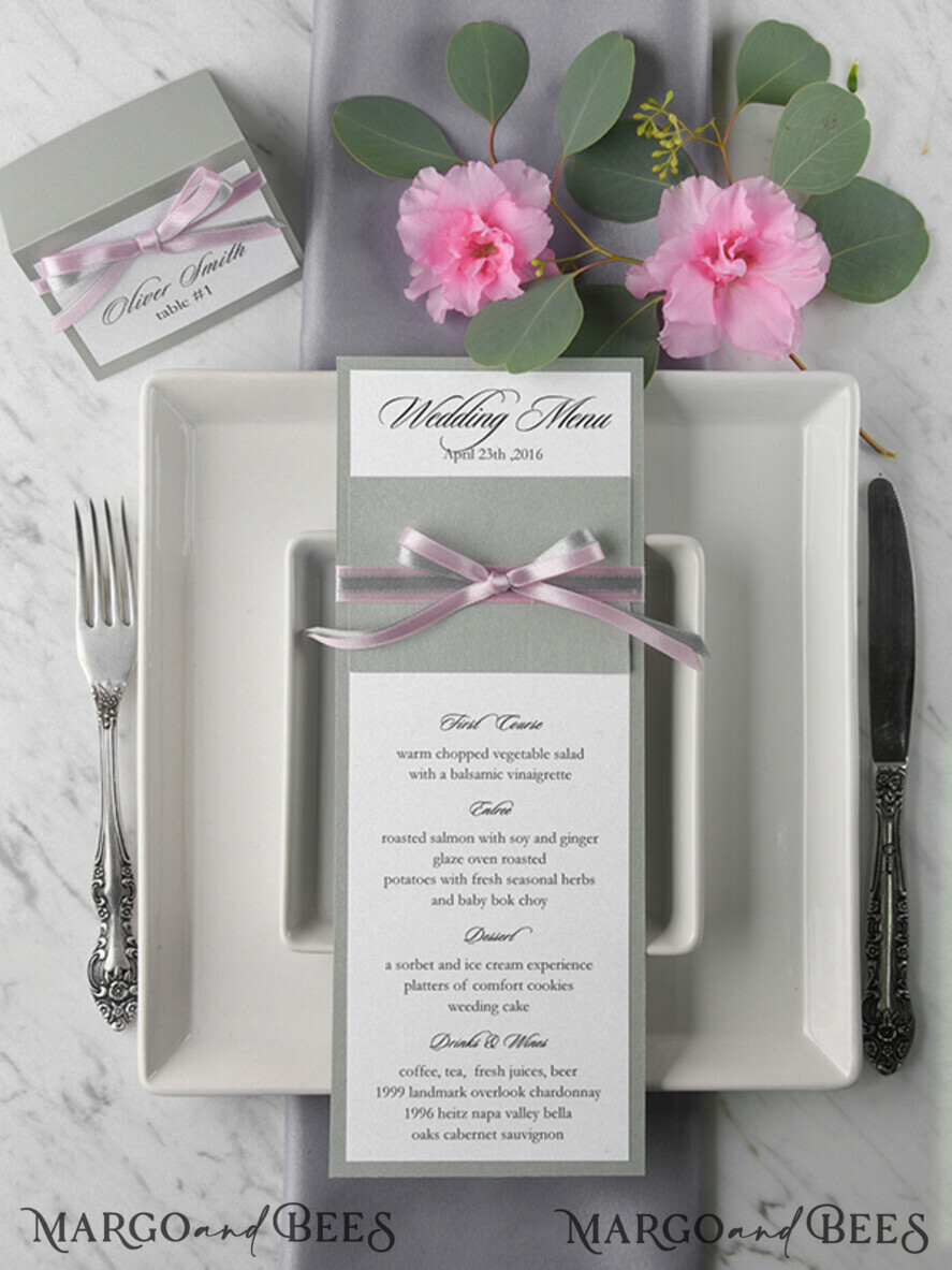 MENU & PROGRAMS rustic and lace Romantic Grey Wedding Menu, Elegant Menu Card with Pink Ribbon Bow, Modern Shabby Chic Wedding Dinner Menu, Simple Romantic Handmade Minimal Wedding Menu