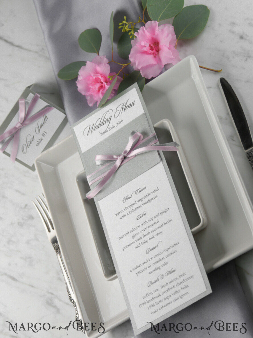 MENU & PROGRAMS rustic and lace Romantic Grey Wedding Menu, Elegant Menu Card with Pink Ribbon Bow, Modern Shabby Chic Wedding Dinner Menu, Simple Romantic Handmade Minimal Wedding Menu