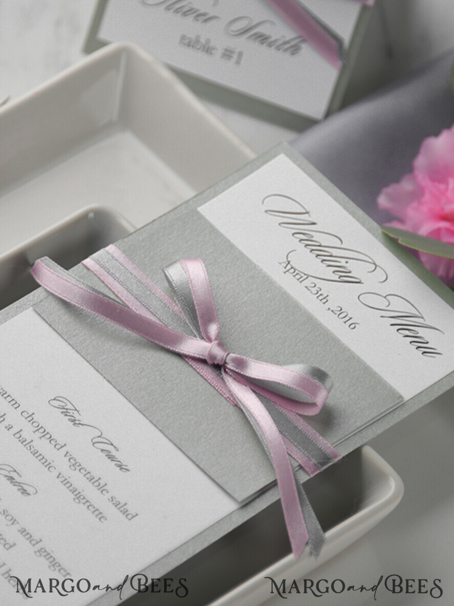 MENU & PROGRAMS rustic and lace Romantic Grey Wedding Menu, Elegant Menu Card with Pink Ribbon Bow, Modern Shabby Chic Wedding Dinner Menu, Simple Romantic Handmade Minimal Wedding Menu