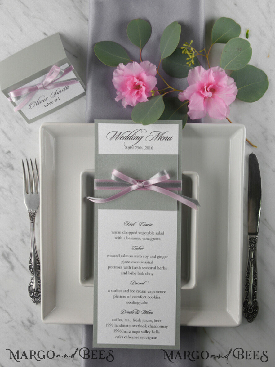 MENU & PROGRAMS rustic and lace Romantic Grey Wedding Menu, Elegant Menu Card with Pink Ribbon Bow, Modern Shabby Chic Wedding Dinner Menu, Simple Romantic Handmade Minimal Wedding Menu