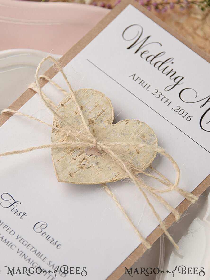 MENU & PROGRAMS rustic and lace Rustic Wedding Menu with Lace, Barn Wedding Dinner Menu, Eco Romantic Personalized Cards with Wooden Heart, Kraft Wedding Menu, Simple Rustic Wedding Menu, Elegant White Wedding Menu Cards
