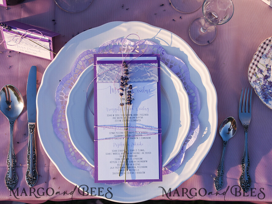 MENU & PROGRAMS rustic and lace Purple Wedding Menu with Lace, Elegant Wedding Dinner Menu, Romantic Personalized Cards with Twine, Simple Rustic Lace Wedding Menu, Boho Minimalist Wedding Menu