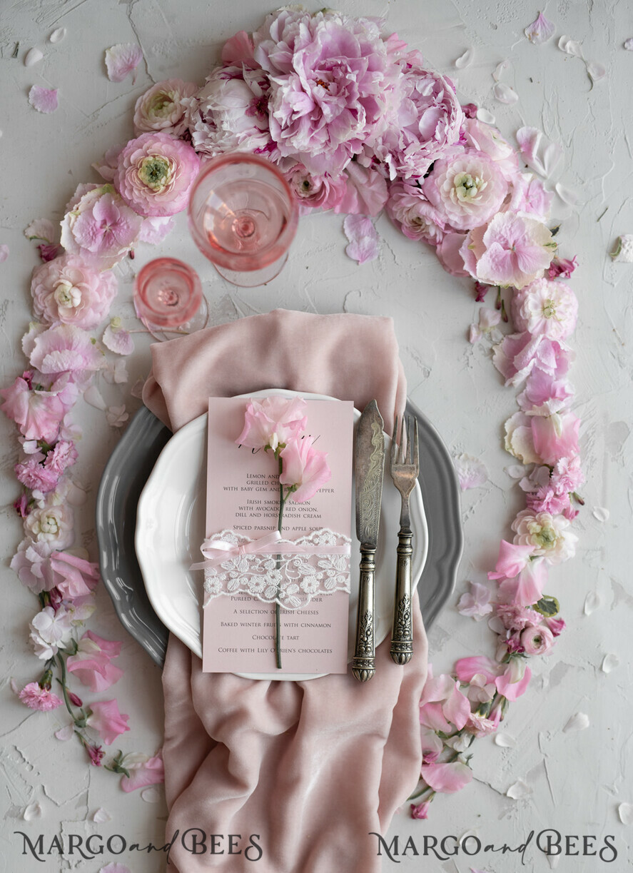 MENU & PROGRAMS rustic and lace Romantic Blush Pink Wedding Menu with Ribbon, Vintage Lace Personalized Menu Cards, Shabby Chic Wedding Menu with Floral Motif, Minimalistic Wedding Cards