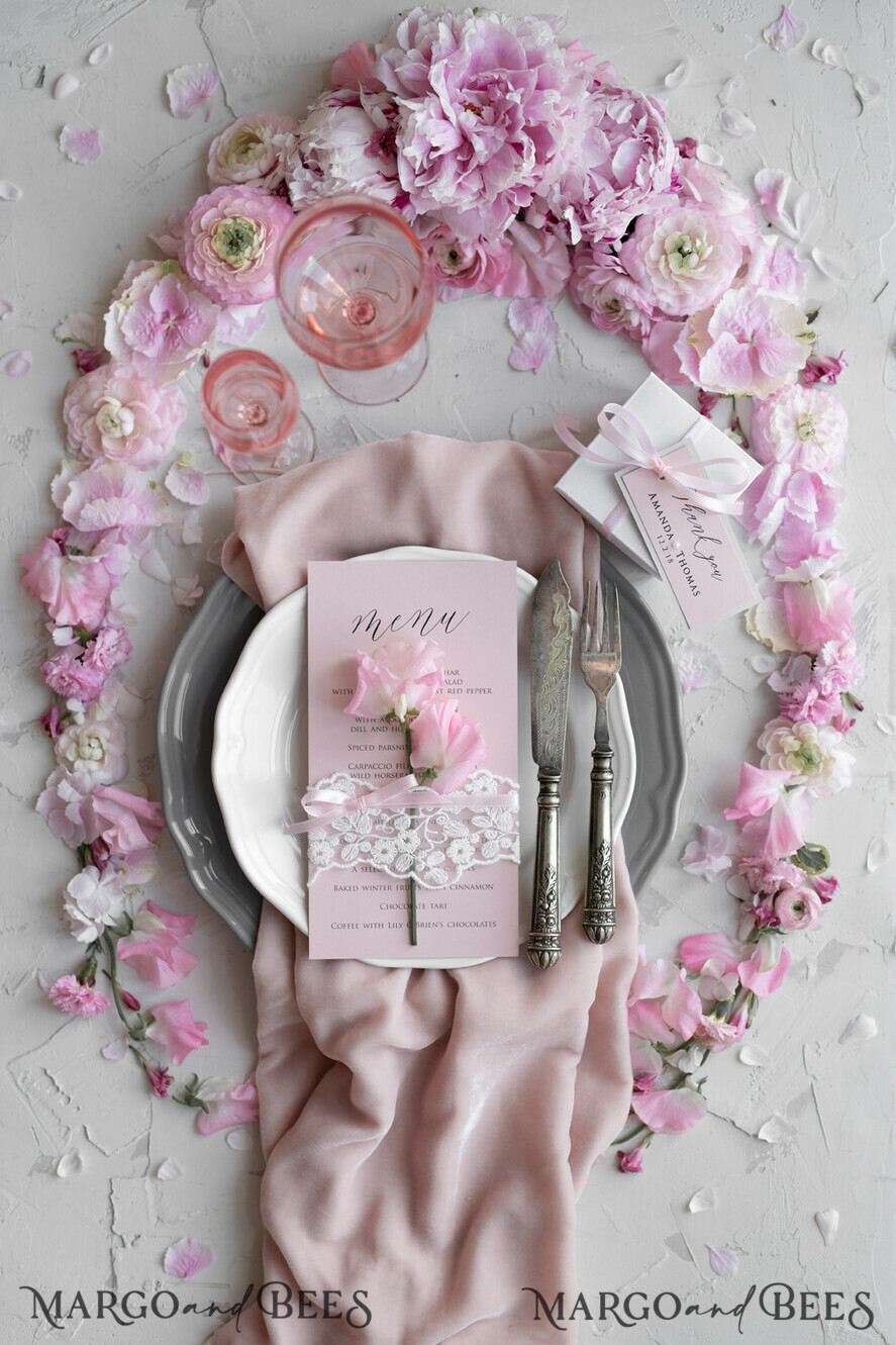 MENU & PROGRAMS rustic and lace Romantic Blush Pink Wedding Menu with Ribbon, Vintage Lace Personalized Menu Cards, Shabby Chic Wedding Menu with Floral Motif, Minimalistic Wedding Cards