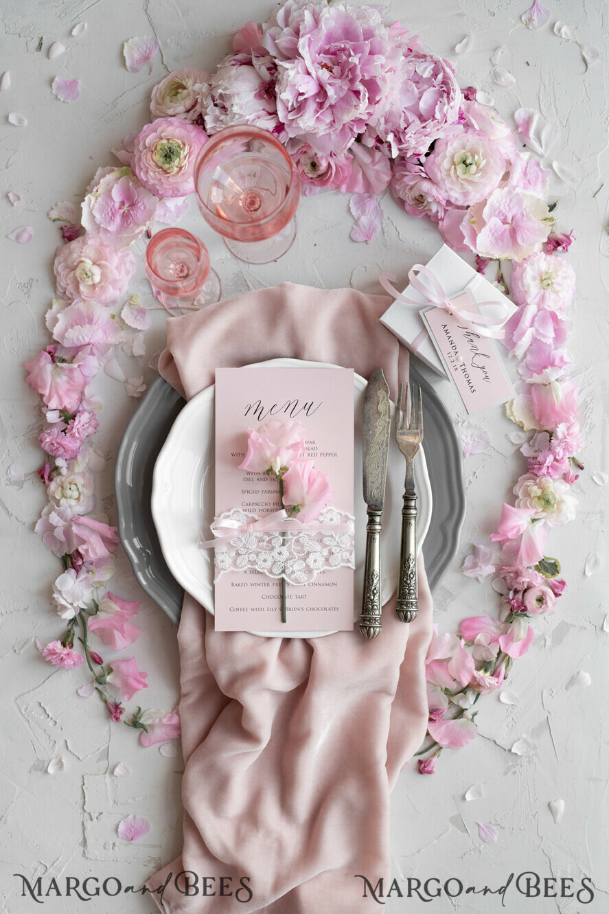 MENU & PROGRAMS rustic and lace Romantic Blush Pink Wedding Menu with Ribbon, Vintage Lace Personalized Menu Cards, Shabby Chic Wedding Menu with Floral Motif, Minimalistic Wedding Cards
