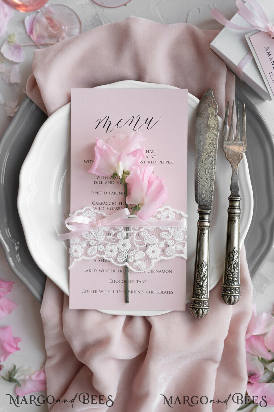 MENU & PROGRAMS rustic and lace Romantic Blush Pink Wedding Menu with Ribbon, Vintage Lace Personalized Menu Cards, Shabby Chic Wedding Menu with Floral Motif, Minimalistic Wedding Cards