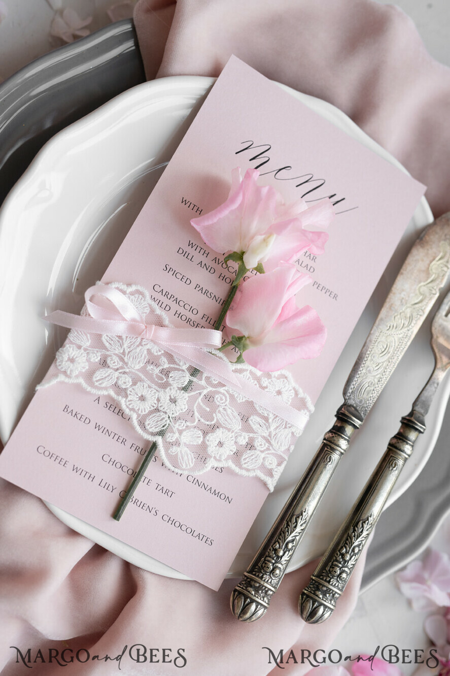 MENU & PROGRAMS rustic and lace Romantic Blush Pink Wedding Menu with Ribbon, Vintage Lace Personalized Menu Cards, Shabby Chic Wedding Menu with Floral Motif, Minimalistic Wedding Cards