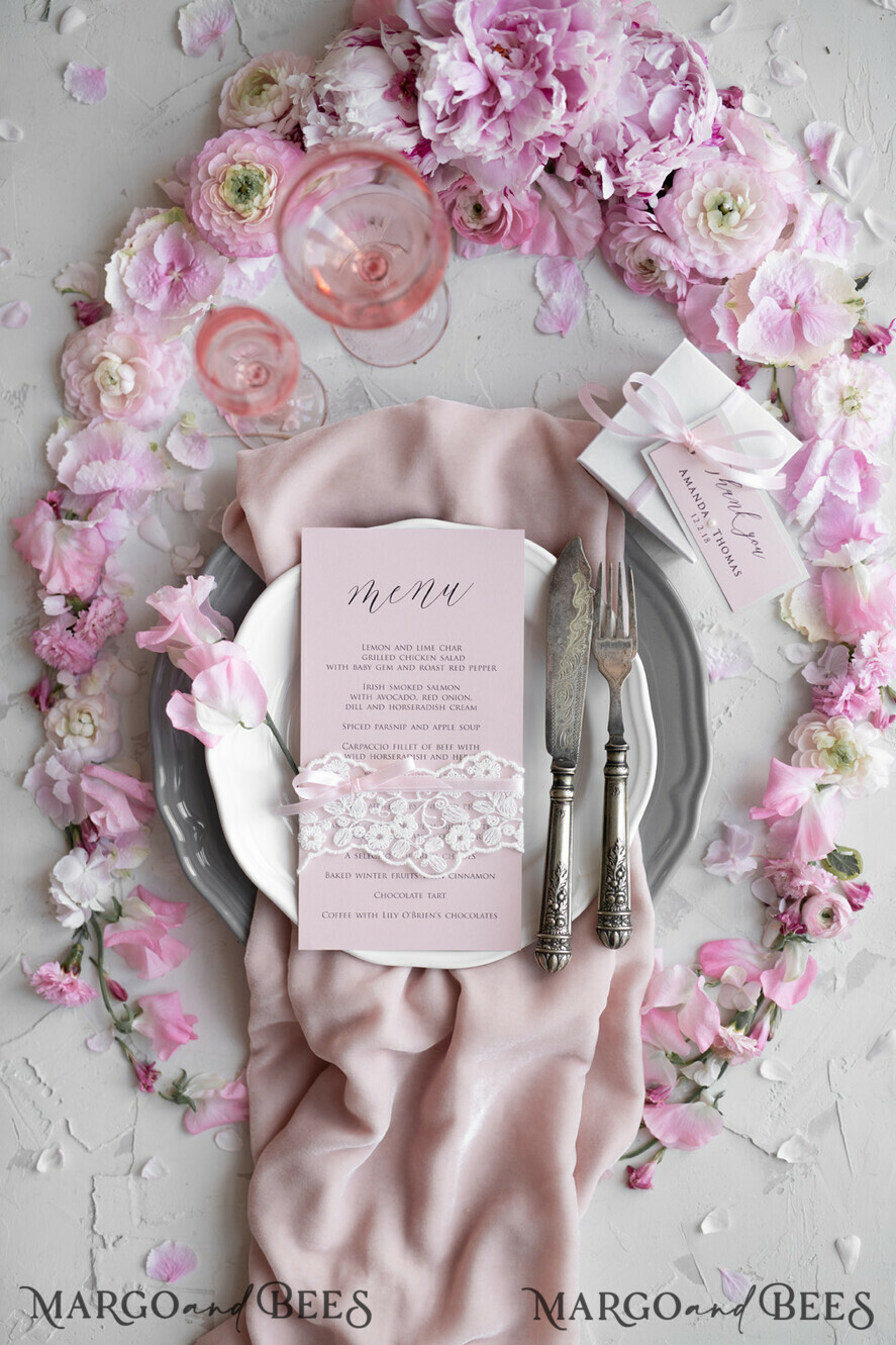 MENU & PROGRAMS rustic and lace Romantic Blush Pink Wedding Menu with Ribbon, Vintage Lace Personalized Menu Cards, Shabby Chic Wedding Menu with Floral Motif, Minimalistic Wedding Cards