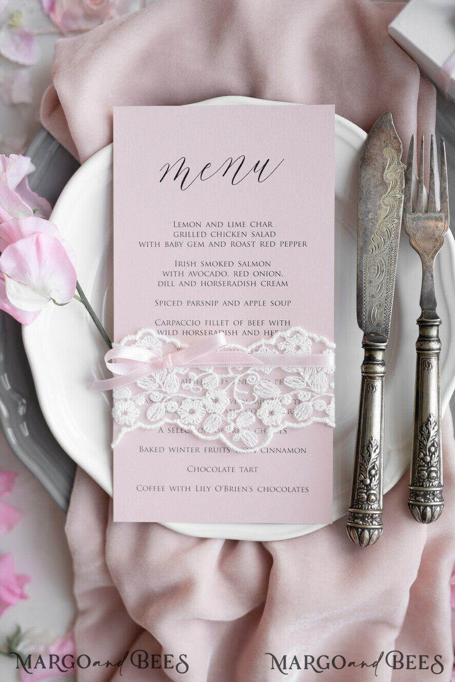 MENU & PROGRAMS rustic and lace Romantic Blush Pink Wedding Menu with Ribbon, Vintage Lace Personalized Menu Cards, Shabby Chic Wedding Menu with Floral Motif, Minimalistic Wedding Cards