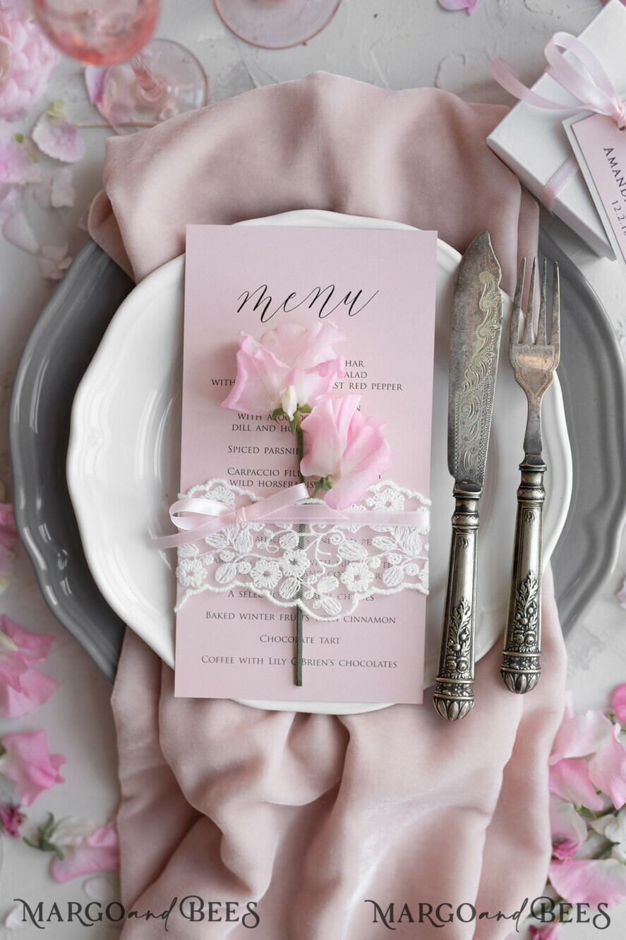 MENU & PROGRAMS rustic and lace Romantic Blush Pink Wedding Menu with Ribbon, Vintage Lace Personalized Menu Cards, Shabby Chic Wedding Menu with Floral Motif, Minimalistic Wedding Cards