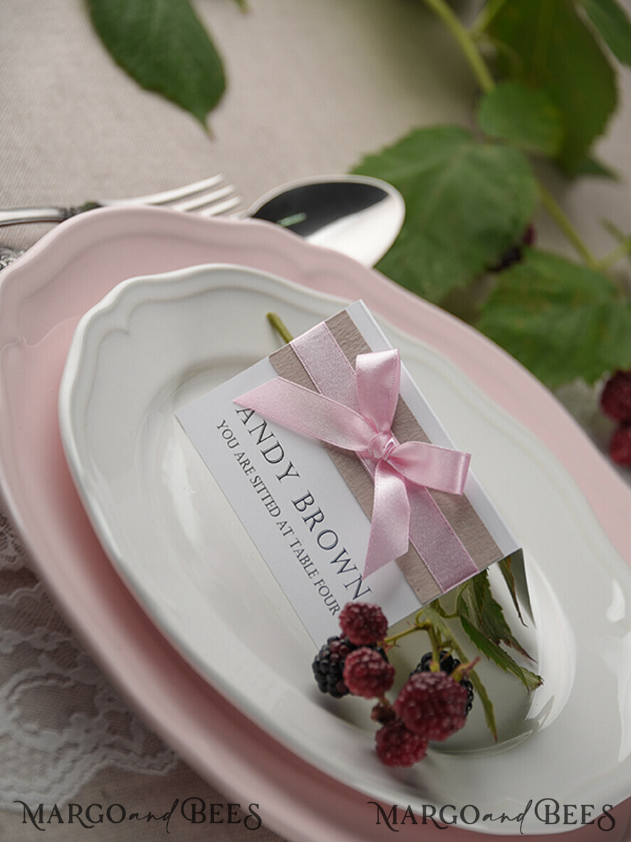 PLACE CARDS / TABLE CARDS rustic and lace Romantic White Minimalist Wedding Table Place Cards with Pink Ribbon, Modern Elegant Botanical Place Card, Glamour Table Cards, Gorgeous Floral Wedding Name Tag