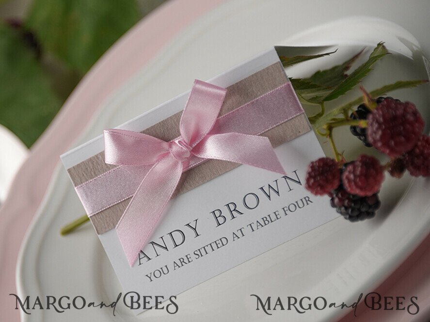 PLACE CARDS / TABLE CARDS rustic and lace Romantic White Minimalist Wedding Table Place Cards with Pink Ribbon, Modern Elegant Botanical Place Card, Glamour Table Cards, Gorgeous Floral Wedding Name Tag